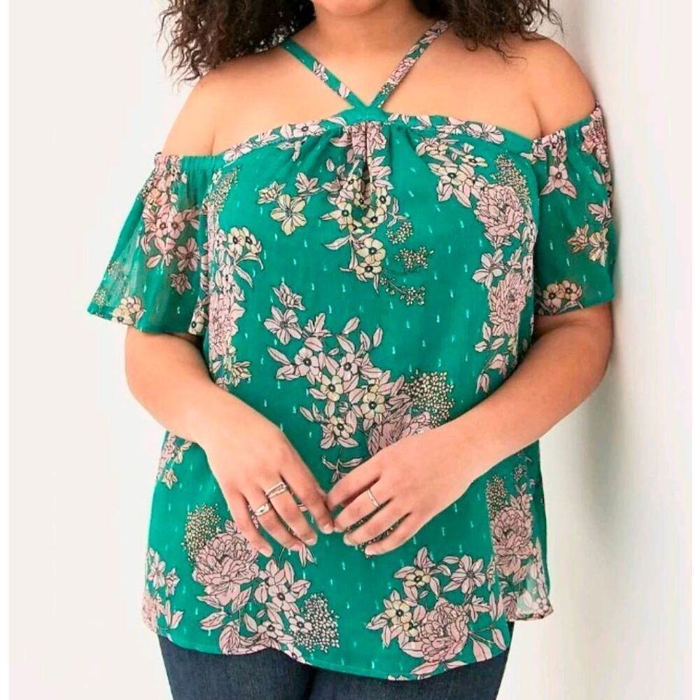 Torrid green & pink floral metallic swiss dot cold shoulder strappy neck top 2X